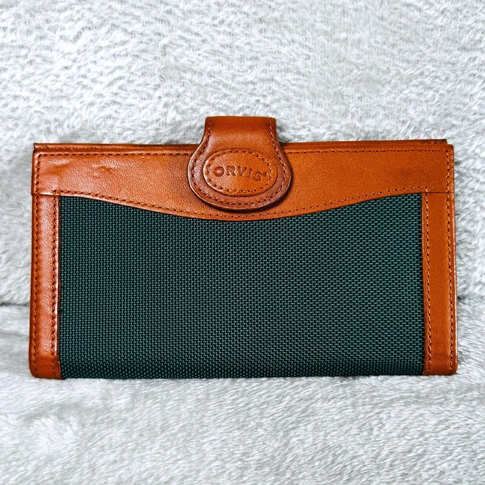 Vintage Orvis Leather Canvas Wallet Organizer Passport Checkbook Holder Green